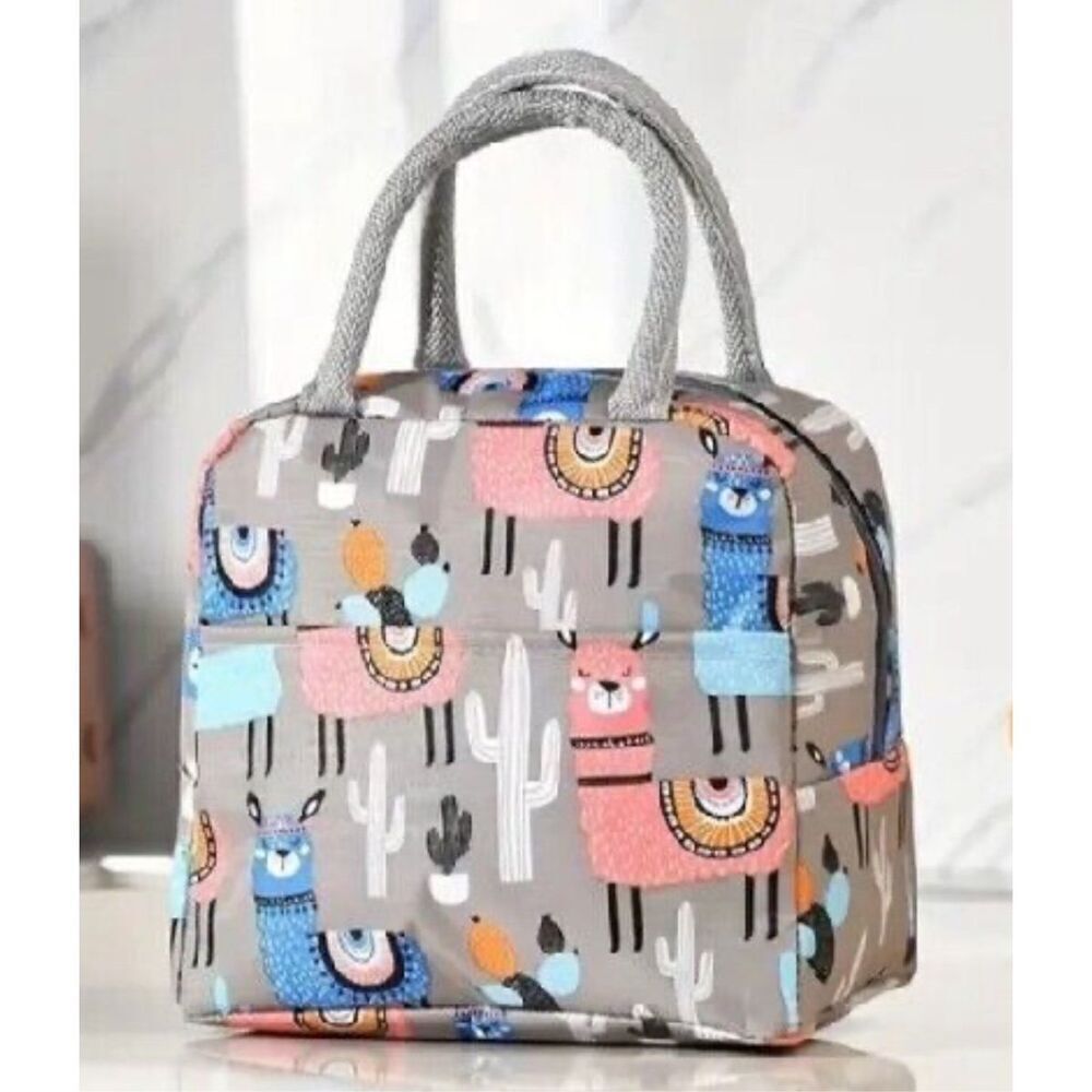 Cactus Llama kids Insulated Lunch Bag Cooler Tote Grey 8.66" x 5.12" x 7.86" NWT